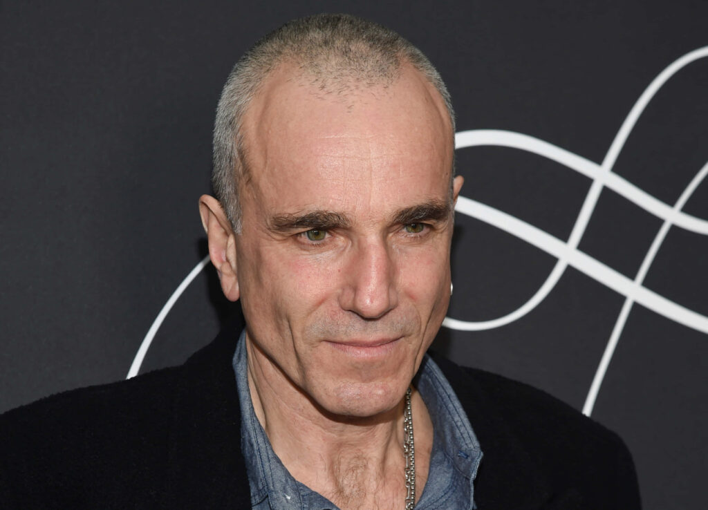 Daniel Day-Lewis portrait wallpaper intense expression dark background white curved lines classic style
