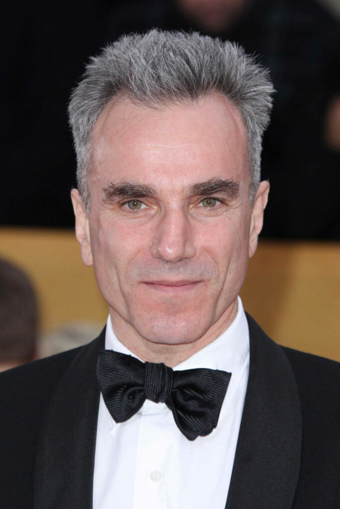 Daniel Day-Lewis close-up portrait sharp haircut salt and pepper hair black tuxedo bow tie wallpaper