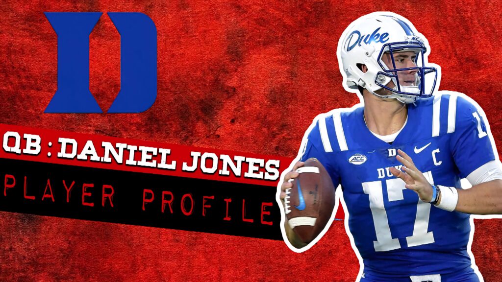 Daniel Jones Duke football quarterback poised to throw pass with bold red textured background Wallpaper