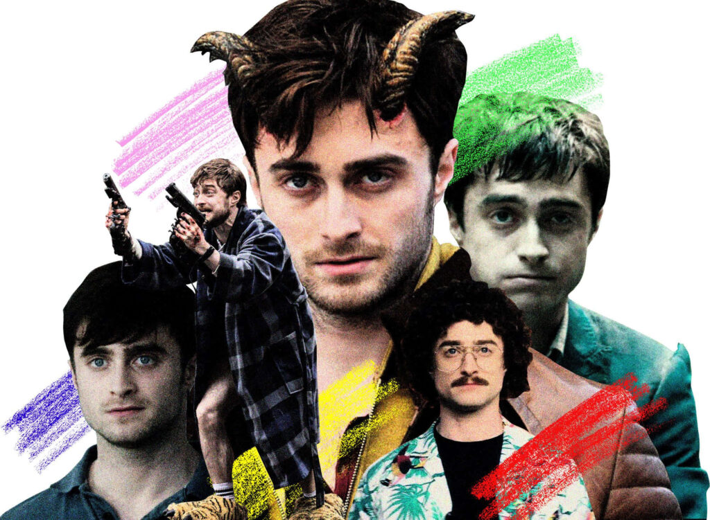 Daniel Radcliffe collage wallpaper featuring iconic looks colorful paint streaks creative background