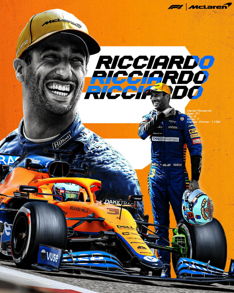 Daniel Ricciardo in bold orange McLaren F1 dynamic wallpaper with vibrant racing action and modern style