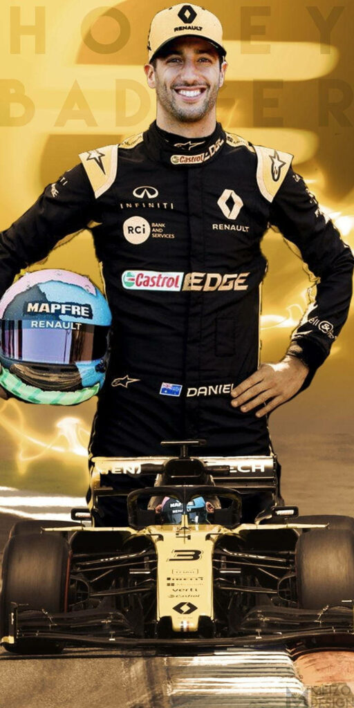 Daniel Ricciardo in Renault racing suit with F1 car helmet yellow abstract backdrop wallpaper