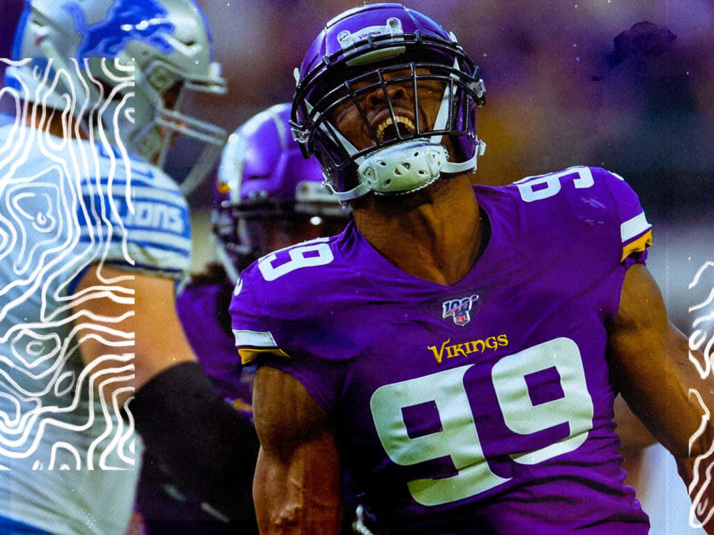 Danielle Hunter Minnesota Vikings celebrating NFL sack against David Blough Detroit Lions artwork Wallpaper