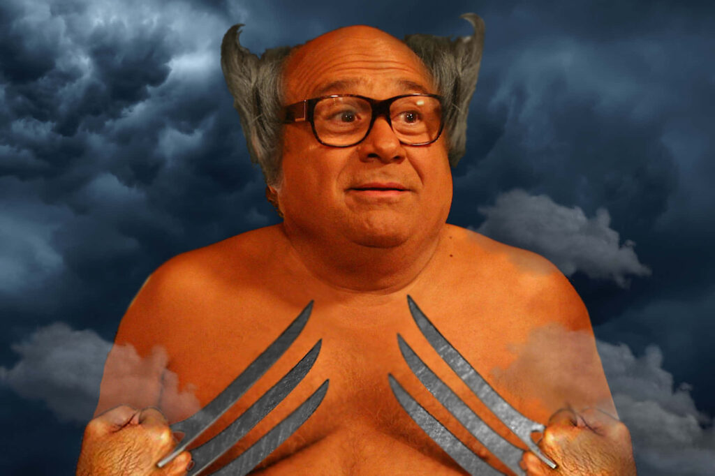 Danny Devito as Wolverine with claws and wild hair against dramatic cloudy sky wallpaper background