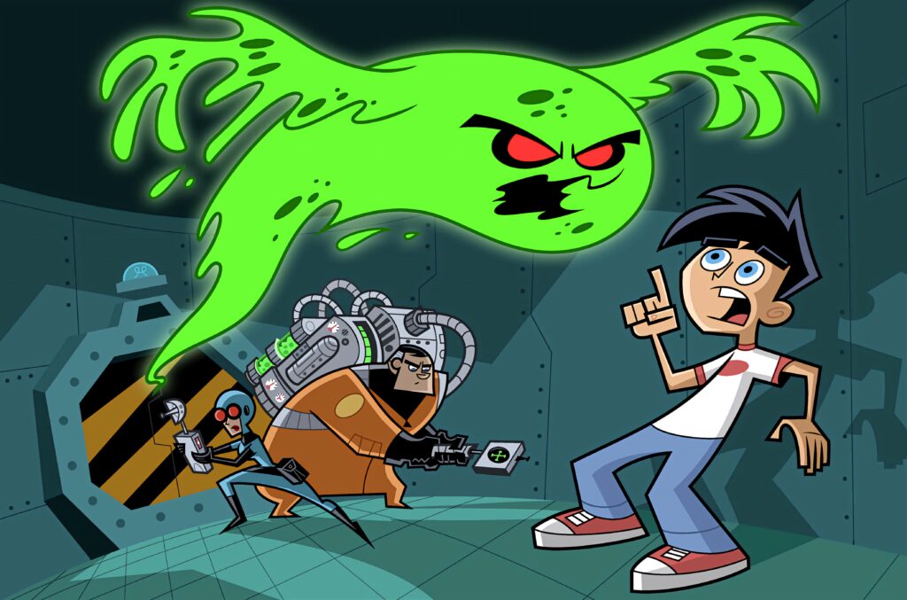 Danny Fenton human form with parents using ghost hunting gear facing glowing green ghost wallpaper
