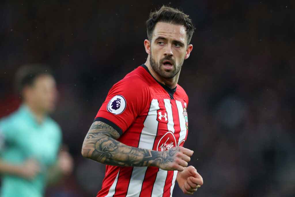 Danny Ings in Southampton jersey showing tattoos and intense look during Premier League match Wallpaper