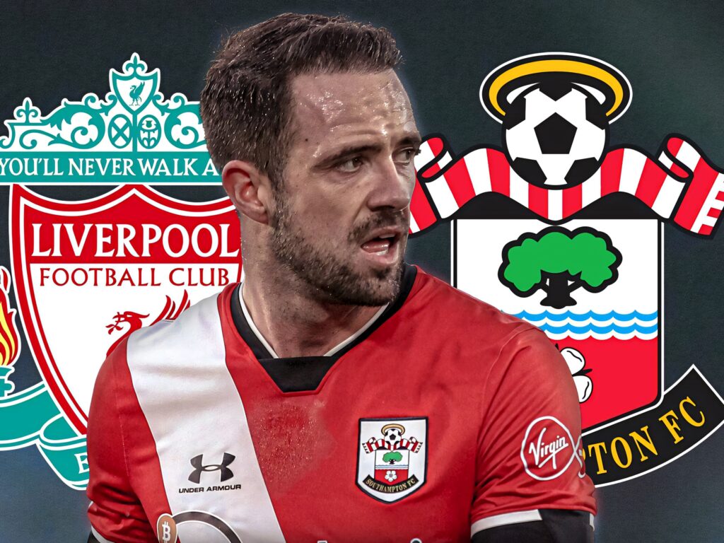 Danny Ings in Southampton kit with Liverpool and Southampton crests football wallpaper background