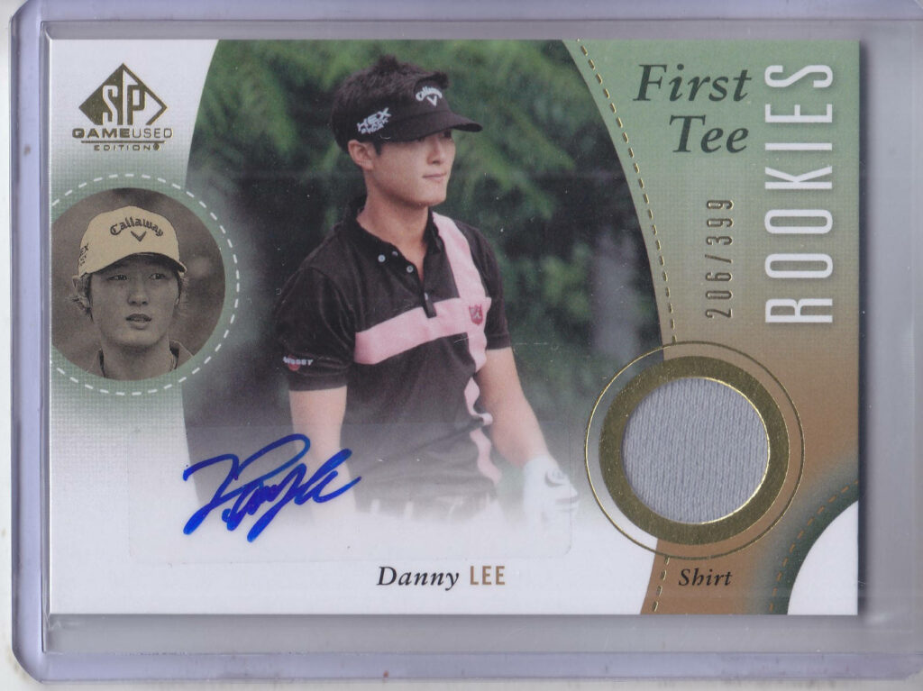 Sports collectible card wallpaper featuring golfer Danny Lee with action shots and fabric piece