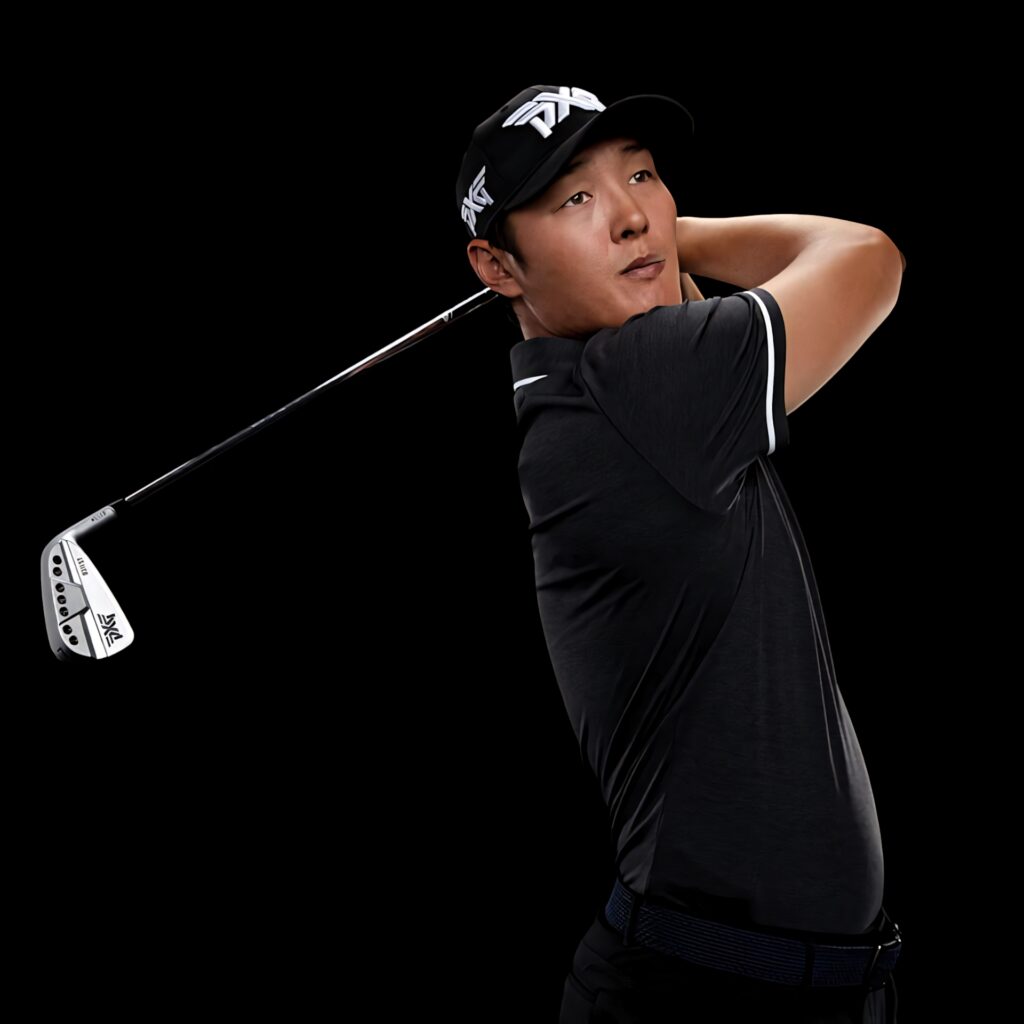 Danny Lee professional golfer mid swing black background dynamic motion athletic pose wallpaper