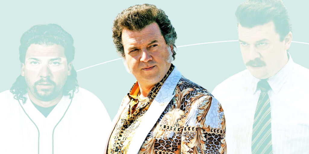 Danny McBride wallpaper with bold patterned suit and faded iconic characters on pastel background