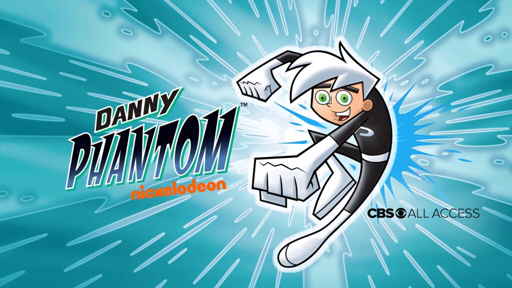 Danny Phantom mid-action with white hair black suit blue energy burst vibrant cartoon wallpaper