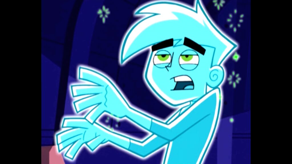 Danny Phantom glowing blue with dazed expression and sparkles vibrant animated wallpaper background