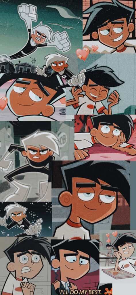 Danny Phantom collage wallpaper showing dynamic action and calm scenes in grey white and orange tones