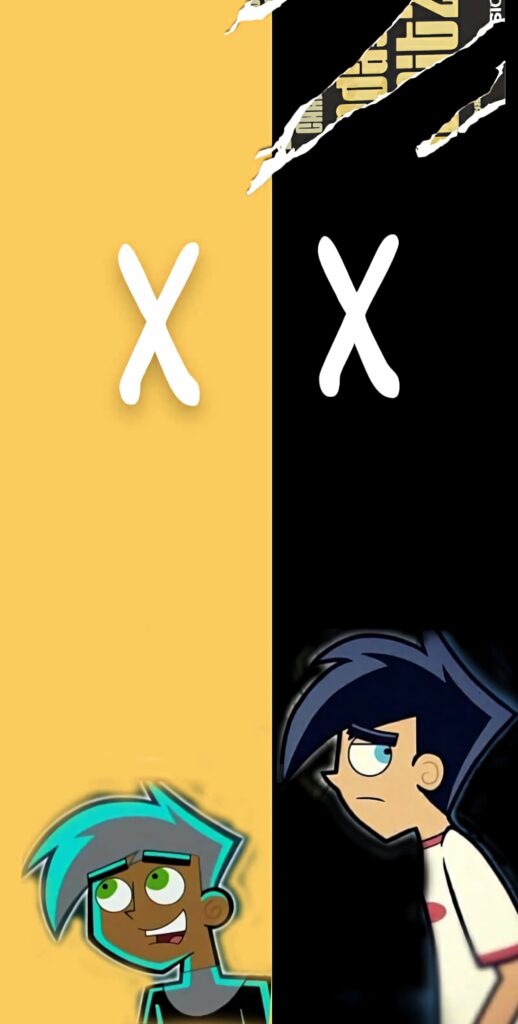 Danny Phantom wallpaper split design showing ghost form with teal hair and human form background