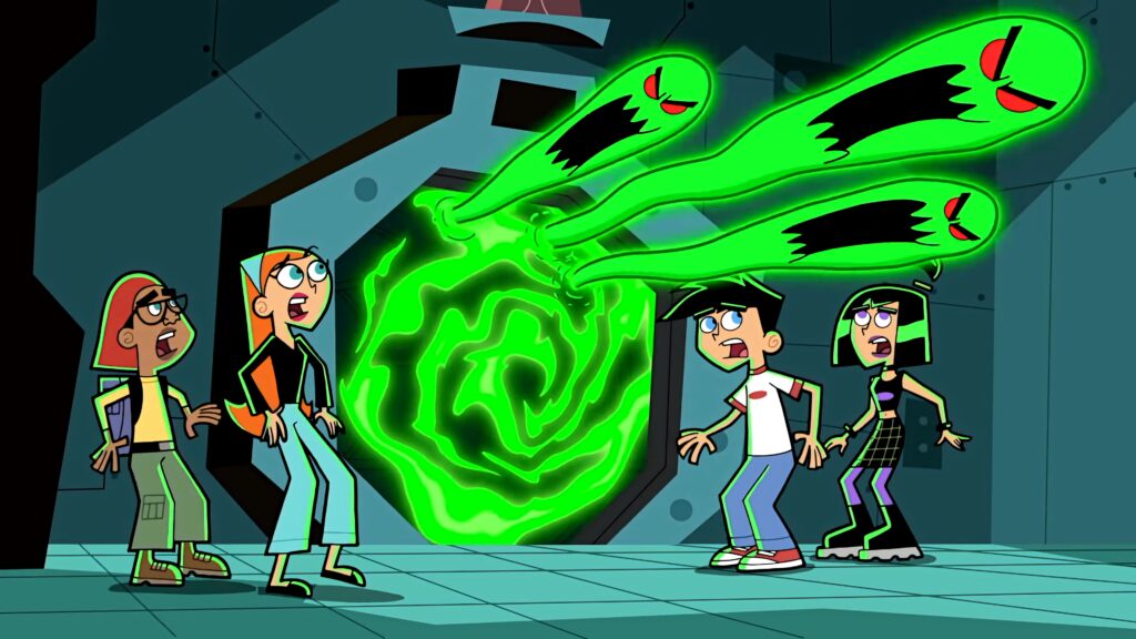 Danny Phantom and friends confront green ghosts from glowing portal in vibrant cartoon wallpaper