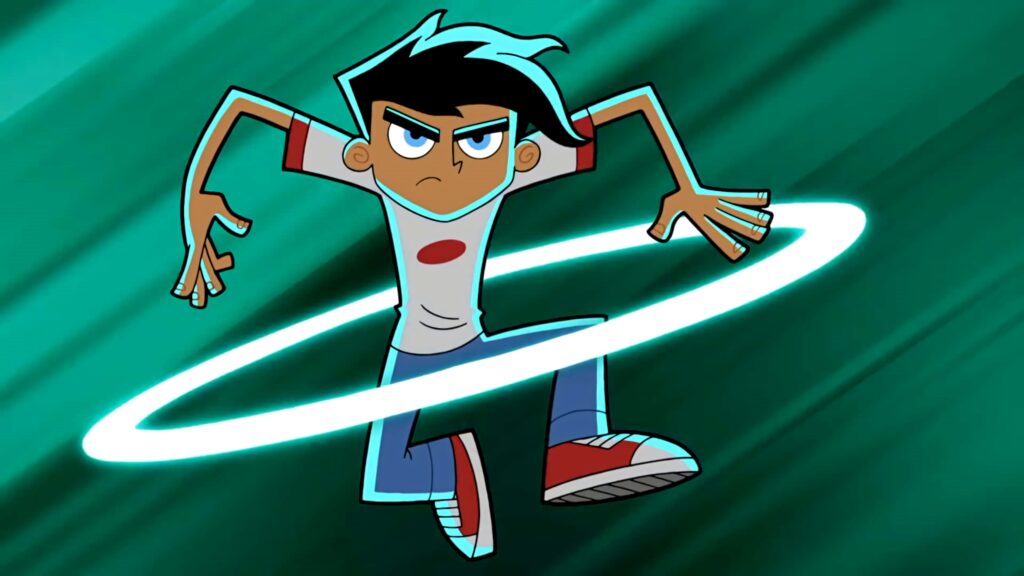 Danny Phantom mid-transformation glowing energy ring dynamic green background supernatural action Wallpaper