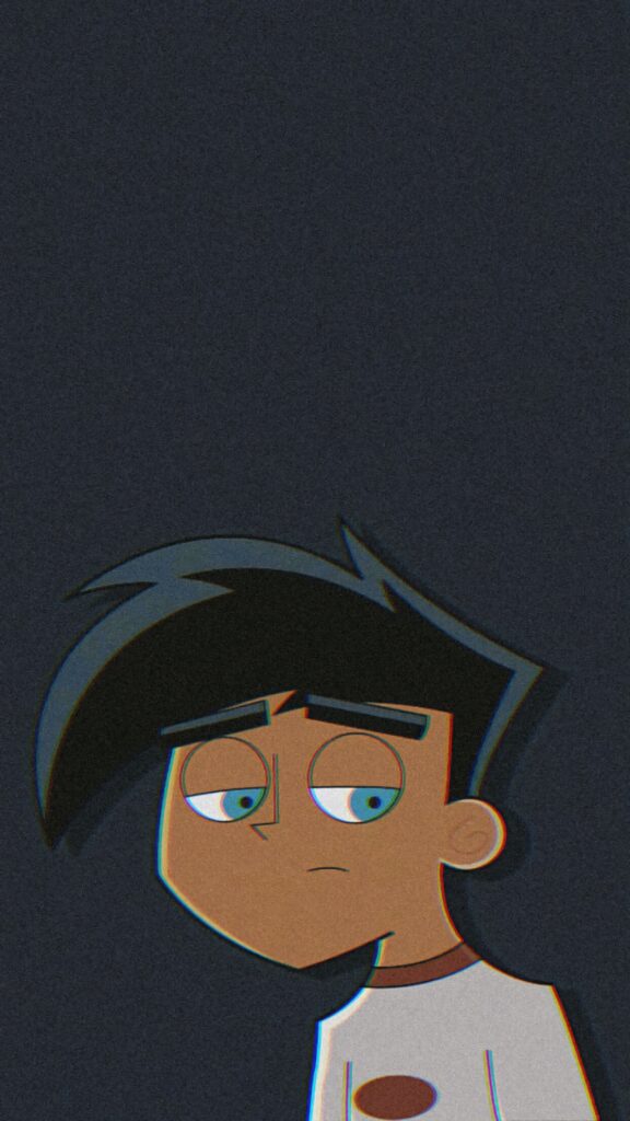 Danny Phantom retro cartoon wallpaper with glitch effect bold lines muted colors dark background