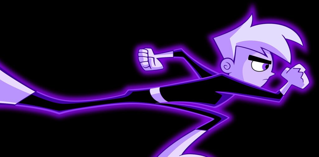 Danny Phantom running fast glowing purple outline cartoon style action energy wallpaper background