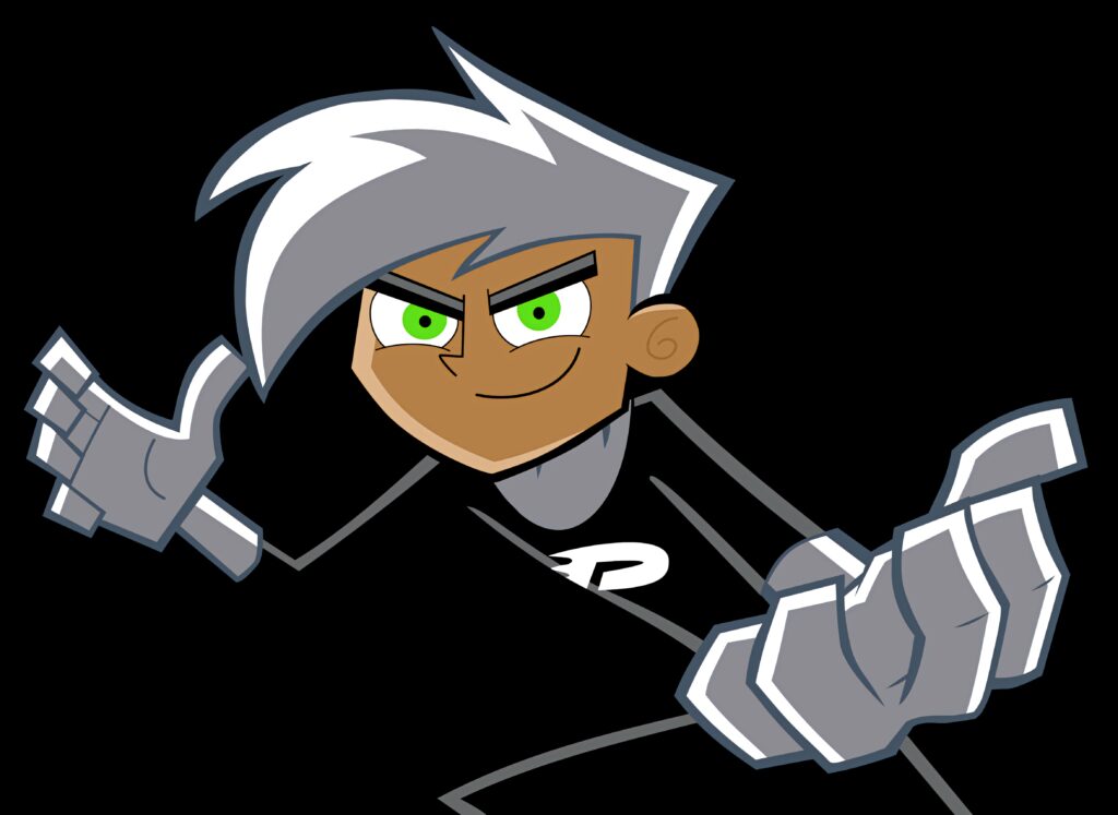 Danny Phantom smiling in black white suit with green eyes on bold black background wallpaper