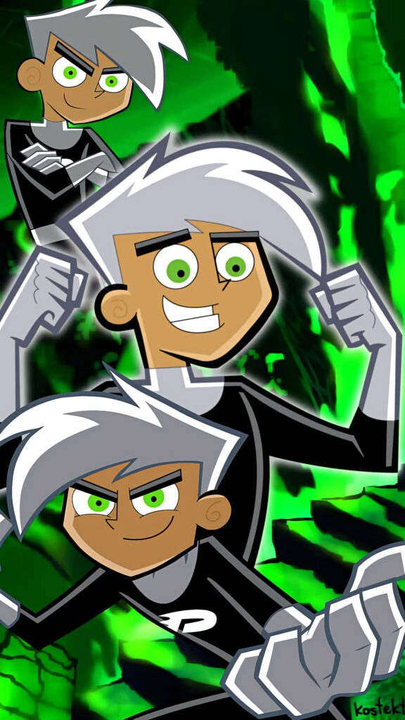 Danny Phantom vibrant wallpaper with neon green black cartoon poses capturing ghostly energy