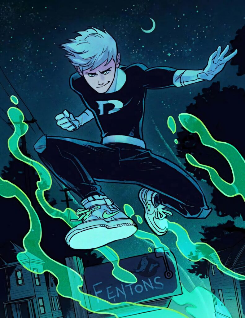 Danny Phantom wallpaper with hero in green ectoplasmic energy and starry night supernatural background