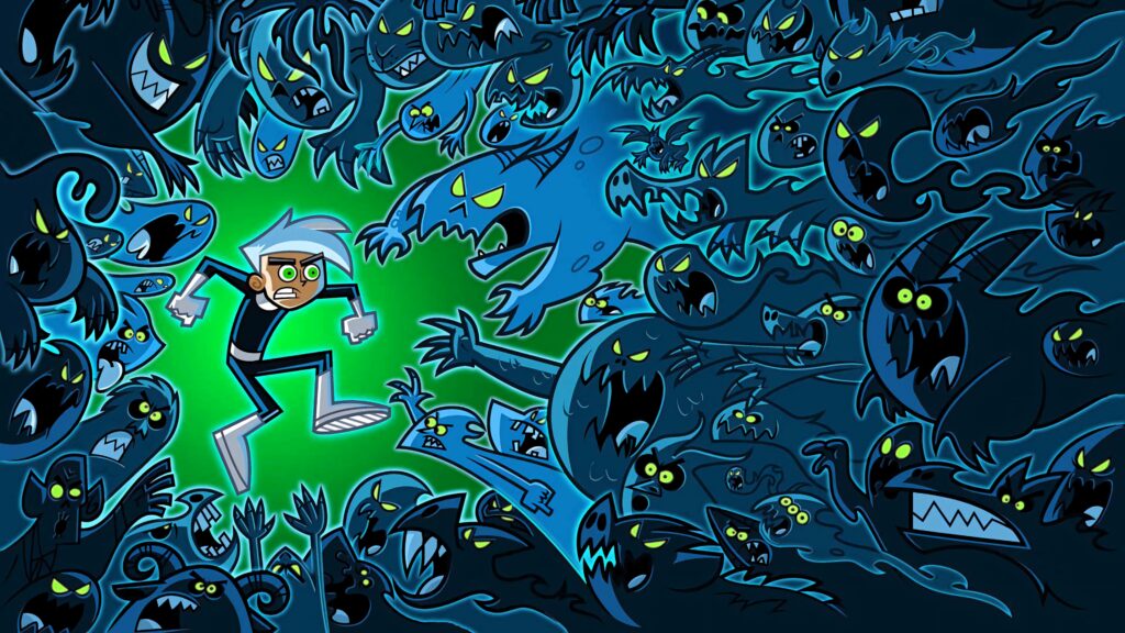 Danny Phantom in black suit with white hair surrounded by glowing green blue ghosts wallpaper background