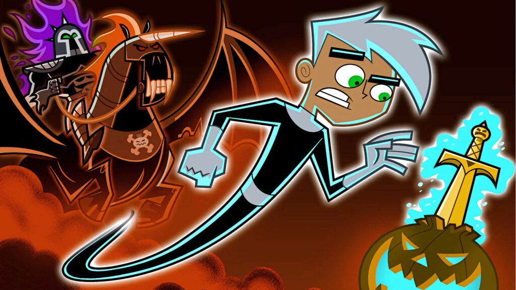 Danny Phantom ghost form battles Fright Knight with glowing sword in spooky pumpkin background Wallpaper