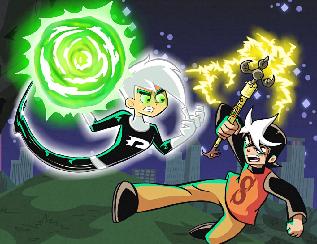 Danny Phantom and Zak Saturday clash with glowing powers in a vibrant nighttime cityscape wallpaper