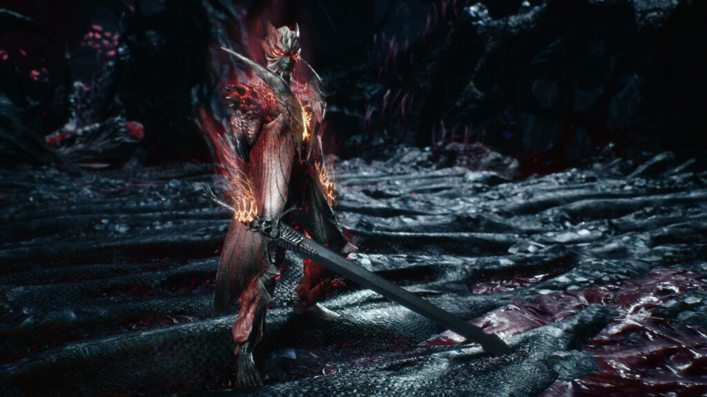 Dante Devil Form wallpaper from Devil May Cry with dark energy crimson black tones and intense lighting