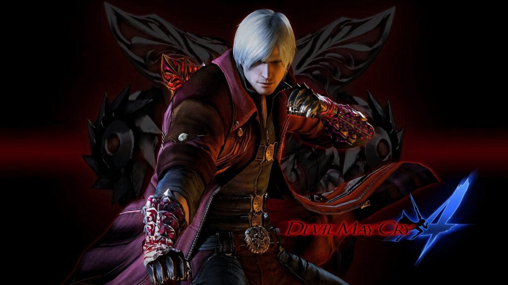 Dante Devil May Cry 4 battle pose silver hair red coat gothic background glowing blue accents Wallpaper