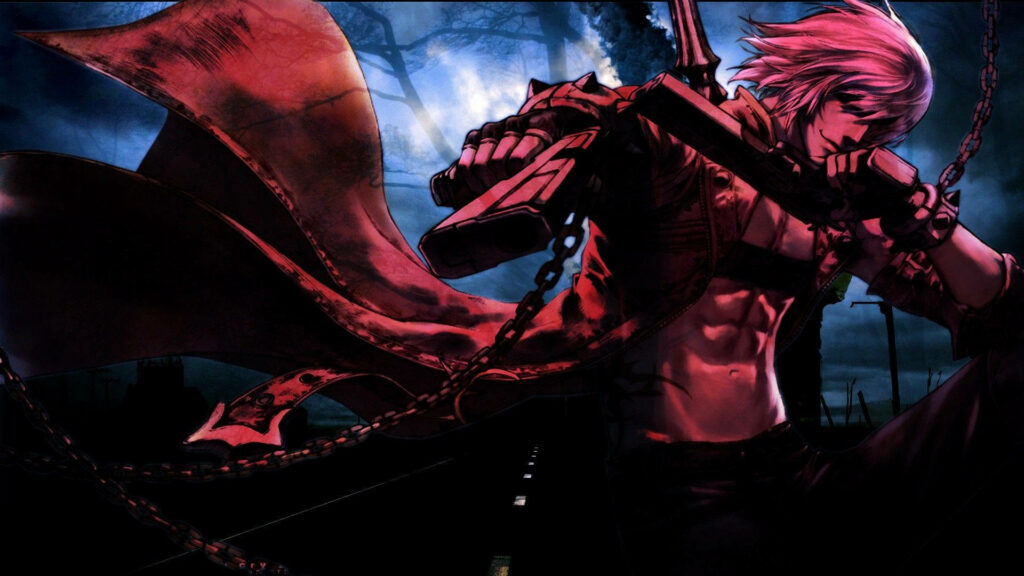 Dante from Devil May Cry in dynamic red and blue anime art with flowing coat in dark battle scene Wallpaper