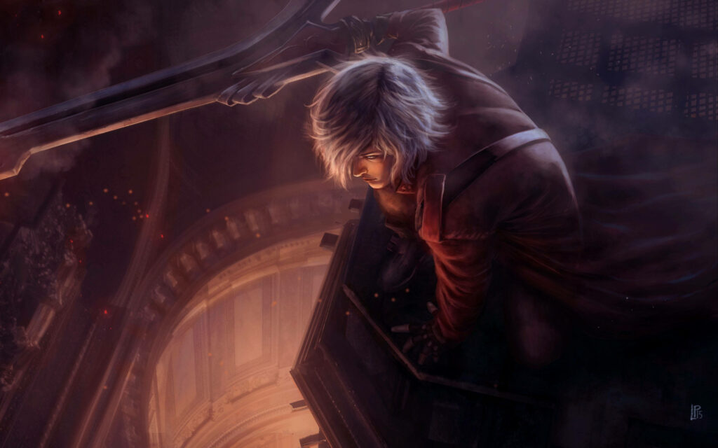 Dante from Devil May Cry crouching with sword ready in dark gothic fiery embers wallpaper background