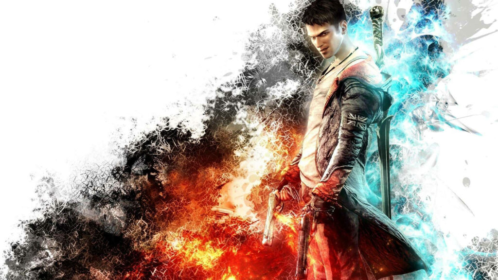 Dante from Devil May Cry with sword and pistol fiery red and icy blue gritty wallpaper background