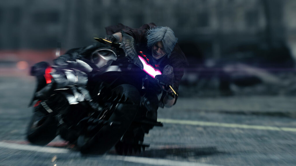 Dante riding Hellbringer motorcycle in dynamic Devil May Cry wallpaper with gritty city background