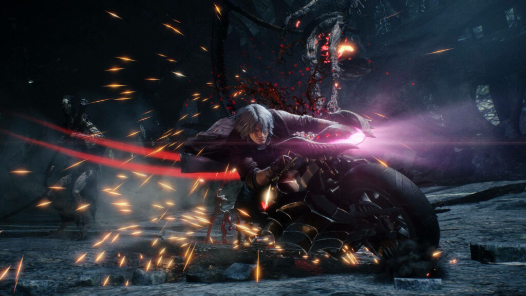 Dante wields electrifying Alastor sword in intense Devil May Cry action with sparks and demons Wallpaper