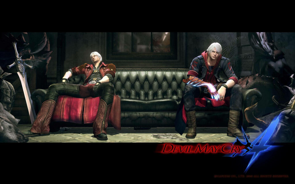 Dante and Nero from Devil May Cry 4 on leather couch with iconic weapons in moody red blue tones Wallpaper