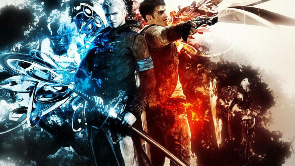 Dante and Vergil Devil May Cry wallpaper back-to-back with blue and red energy swirling around them