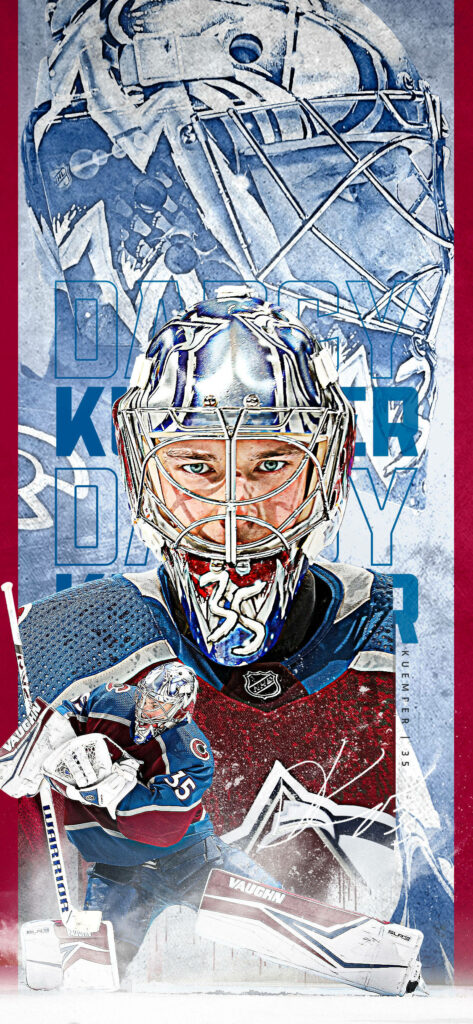 Colorado Avalanche goalie Darcy Kuemper in action with team colors and Avalanche logo background Wallpaper