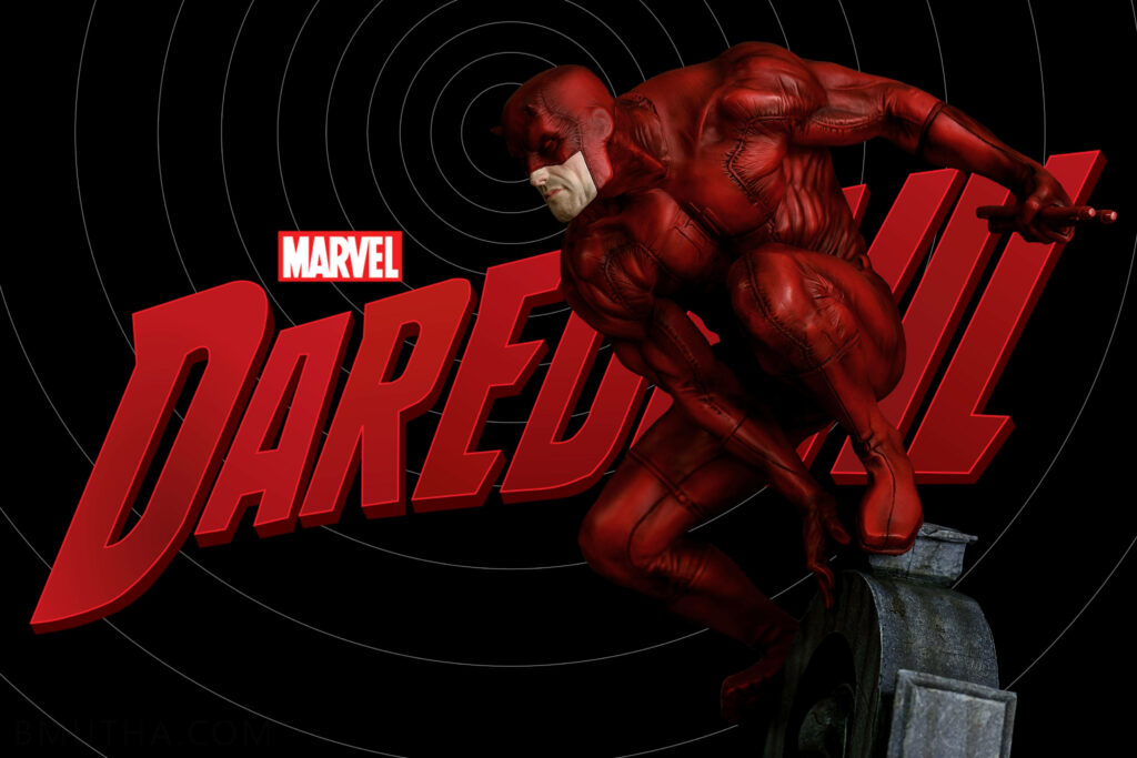 Daredevil Wallpaper: Dynamic Statue in Iconic Red Suit & Logo