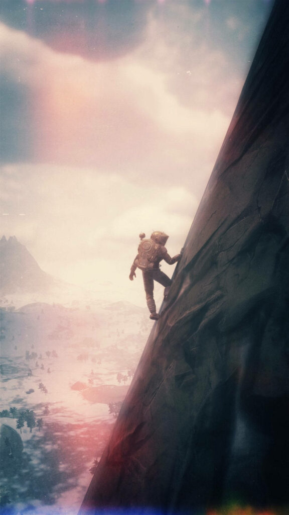 Daring robot climbing steep mountain in misty otherworldly landscape adventurous wallpaper background