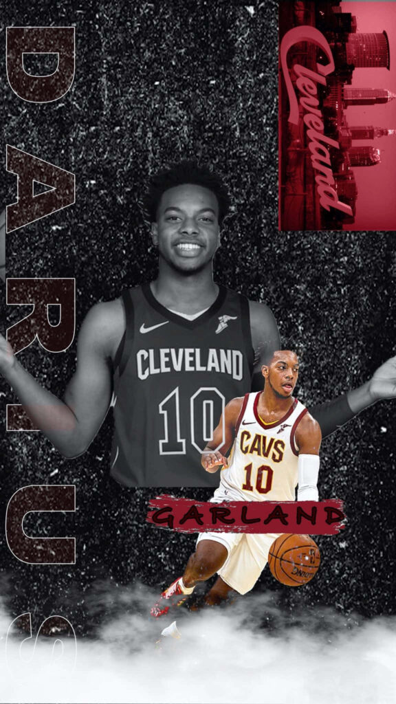 Darius Garland Cleveland Cavaliers dynamic wallpaper grayscale portrait vibrant red cityscape background