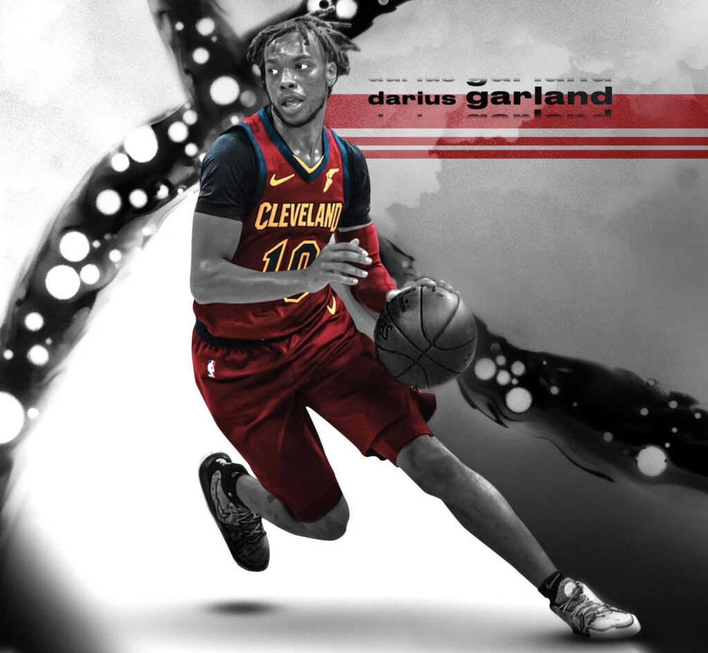 Darius Garland Cleveland Cavaliers dynamic wallpaper with bold red gold colors and graphic accents