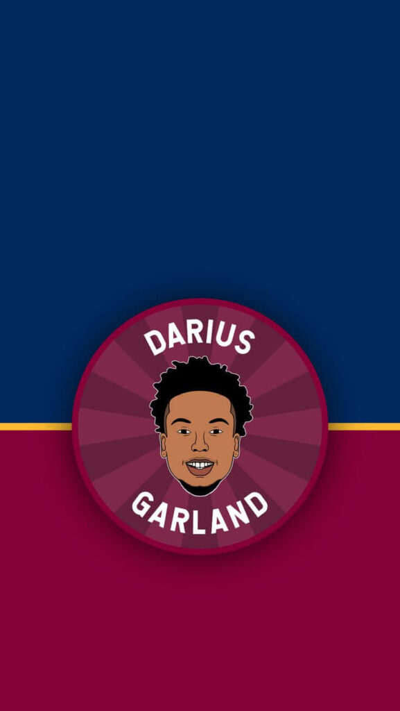 Minimalist Darius Garland cartoon portrait with blue and maroon background and dynamic badge Wallpaper