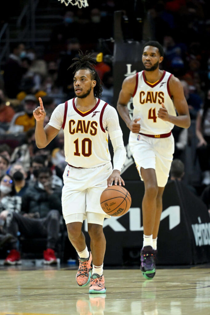 Darius Garland number 10 leads Cleveland Cavaliers offense with Jarrett Allen number 41 on court Wallpaper
