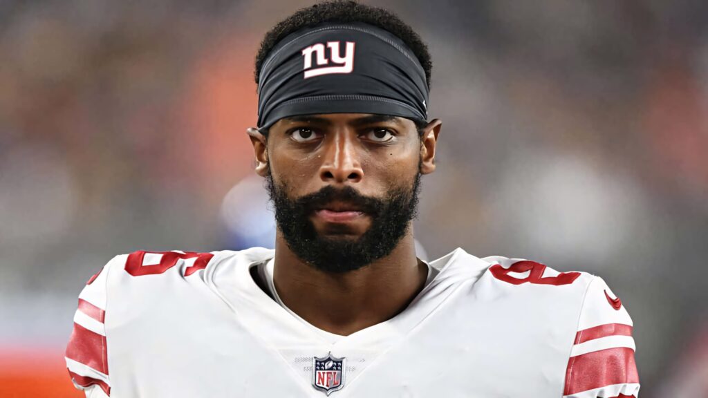 Darius Slayton sharp portrait New York Giants jersey stadium background NFL wide receiver focus Wallpaper