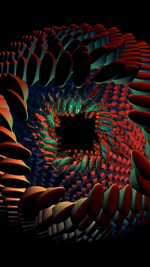 Dark Abstract Wallpaper: Swirling Red & Teal Vortex on Black Background