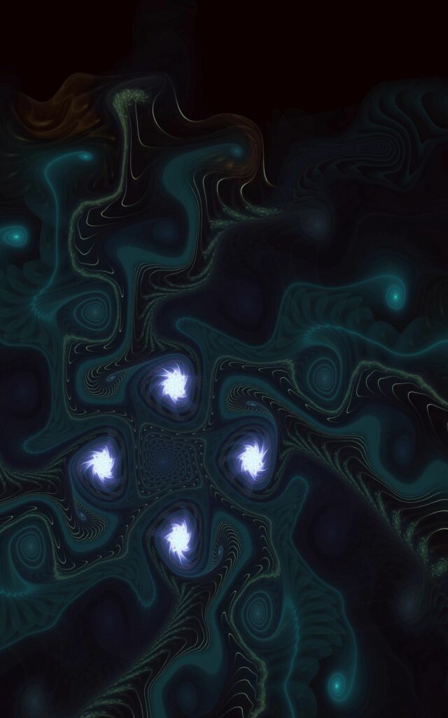 Dark Abstract Fractal Wallpaper: Twisted Curves & Glowing Shapes