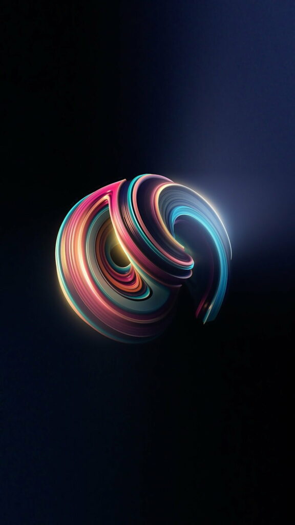 Vivid 3D abstract swirl wallpaper with pink cyan gold ribbons on sleek dark background