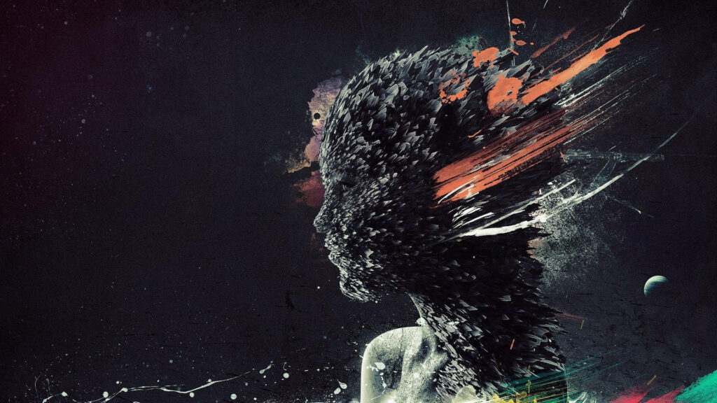 Dark Cerebral Abstract Wallpaper: Humanoid Figure with Vibrant Energy
