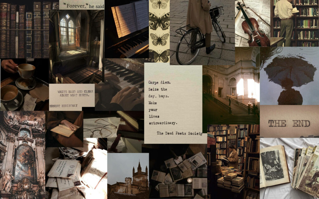 Dark academia collage wallpaper with vintage books handwritten letters classical music sheets